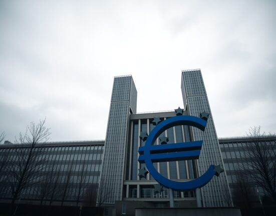 European Central Bank headquarters in Frankfurt under overcast sky, representing Eurozone economic outlook