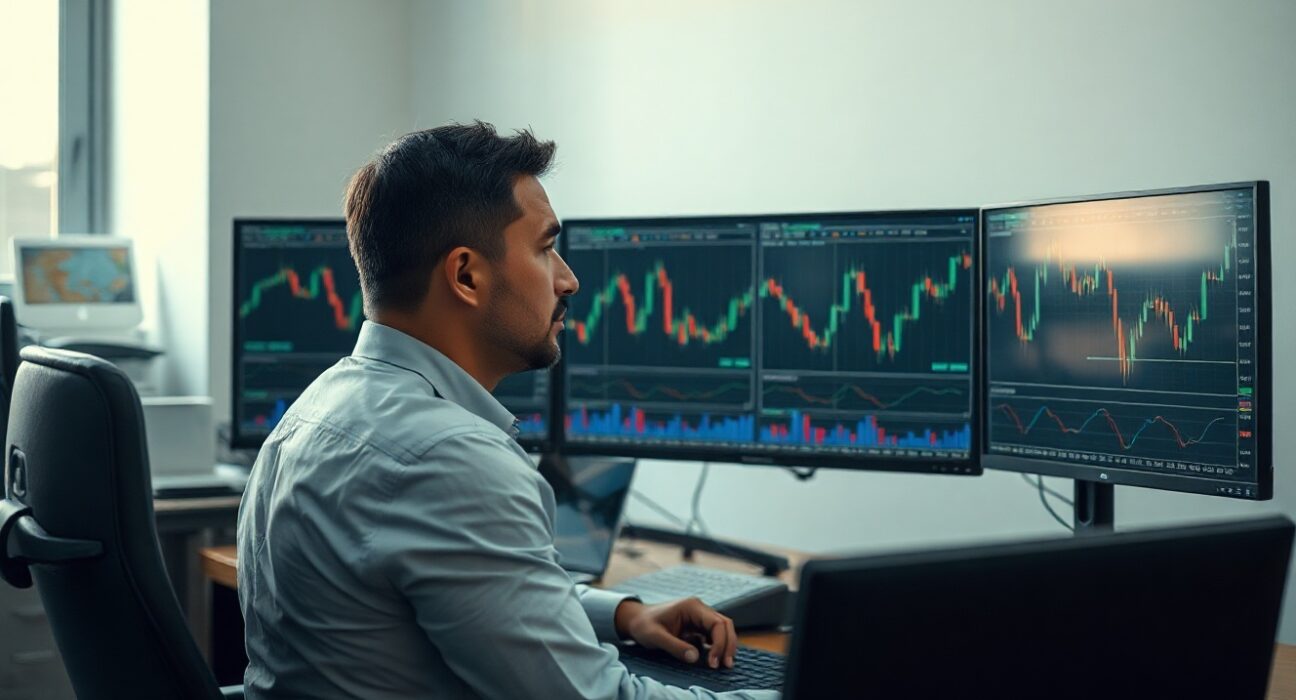 Financial analyst monitors EUR/USD currency charts on multiple screens in a modern office