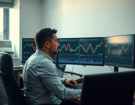 Financial analyst monitors EUR/USD currency charts on multiple screens in a modern office