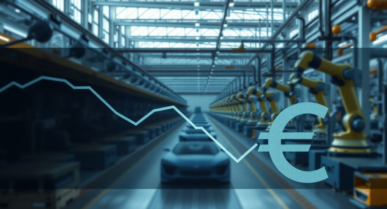 German factory floor with robotic assembly lines and a digital chart showing a downward euro trend