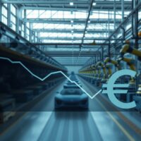 German factory floor with robotic assembly lines and a digital chart showing a downward euro trend