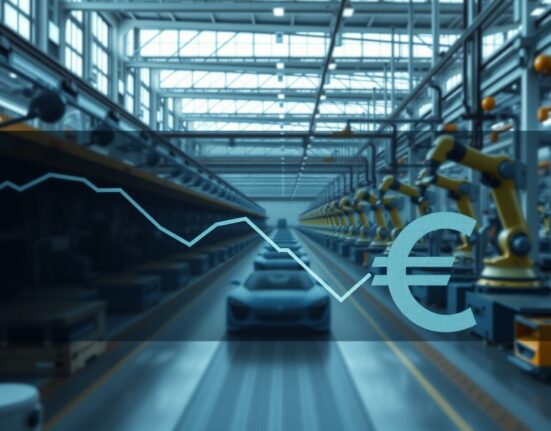 German factory floor with robotic assembly lines and a digital chart showing a downward euro trend