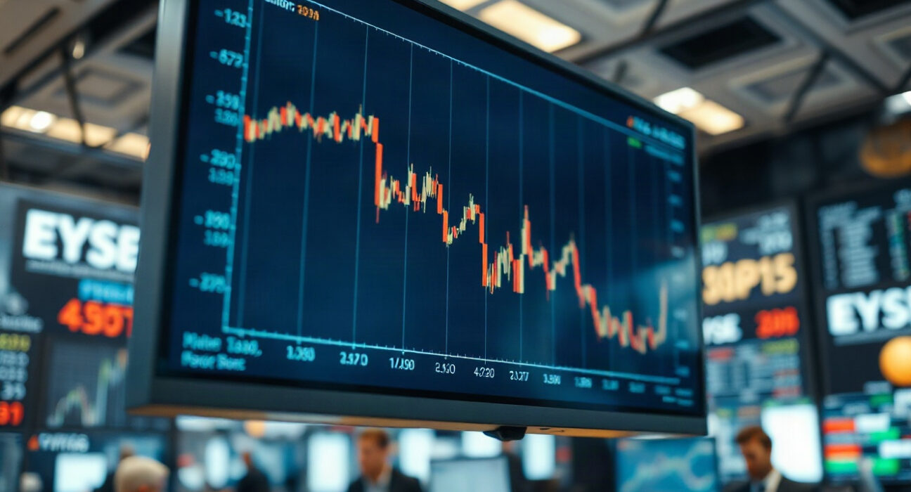 Euro and US dollar exchange rate chart on a trading screen with a downward trend.