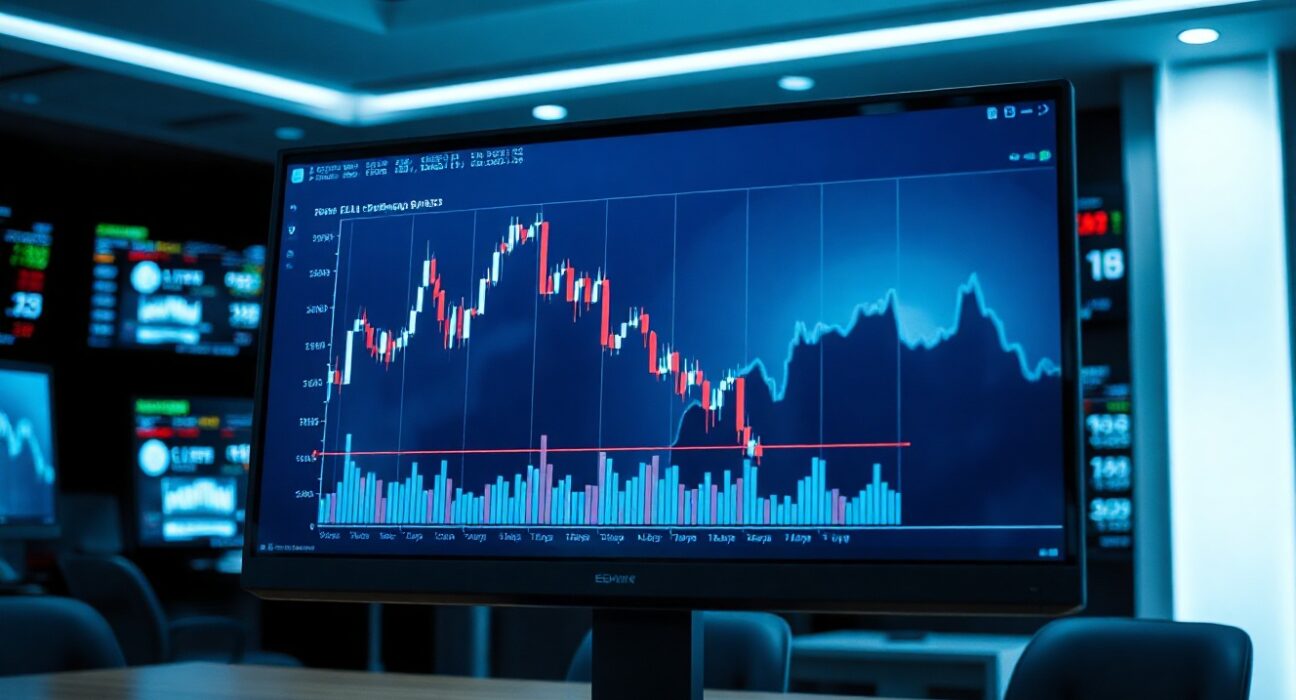 EUR/USD chart on trading monitor with downward trend reflecting dollar strength in a professional trading environment.
