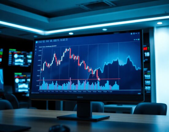 EUR/USD chart on trading monitor with downward trend reflecting dollar strength in a professional trading environment.