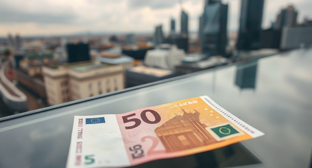 Close-up of a euro banknote with a blurred European financial district skyline in the background