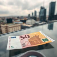 Close-up of a euro banknote with a blurred European financial district skyline in the background