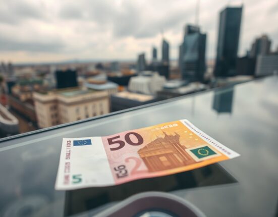 Close-up of a euro banknote with a blurred European financial district skyline in the background