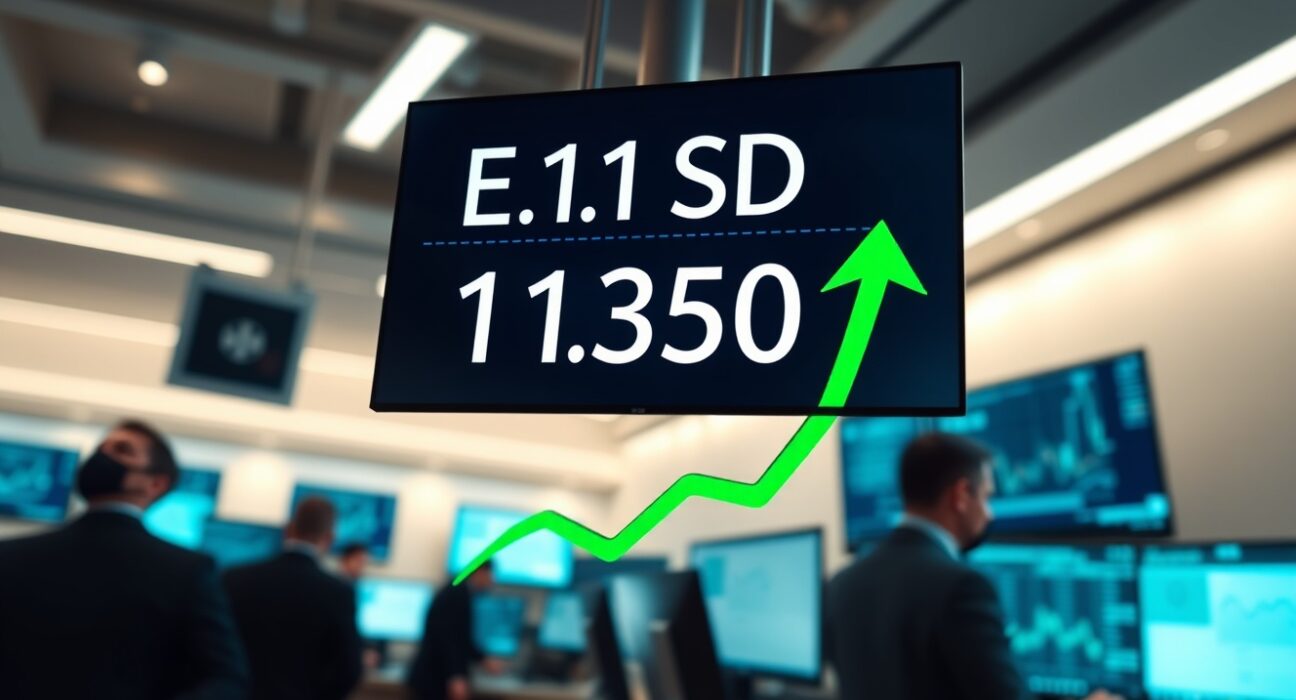 EUR/USD exchange rate display showing 1.1350 with upward trend on trading screen