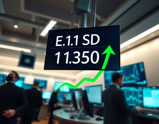 EUR/USD exchange rate display showing 1.1350 with upward trend on trading screen