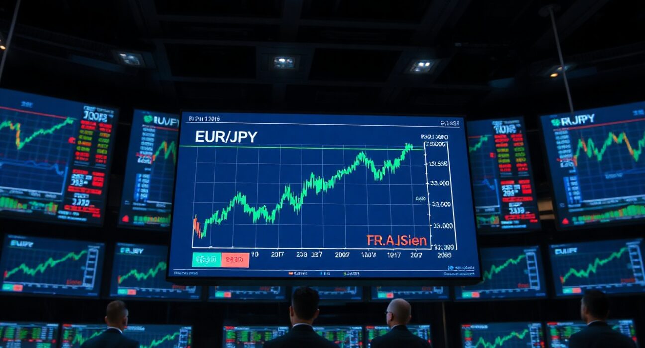 Forex trading screens showing EUR/JPY exchange rate rising with green trend lines