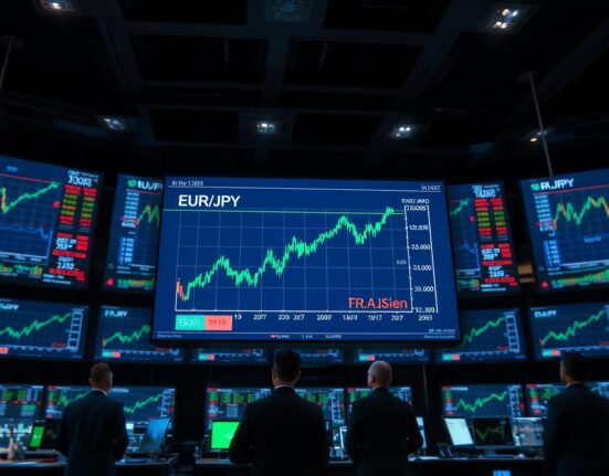 Forex trading screens showing EUR/JPY exchange rate rising with green trend lines