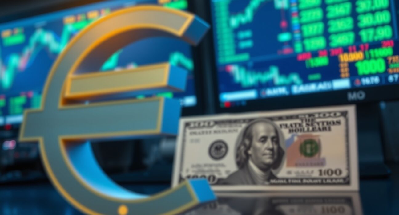 Euro symbol against US dollar bills on a trading floor background representing currency exchange rate decline.