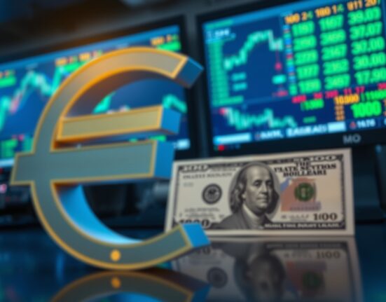 Euro symbol against US dollar bills on a trading floor background representing currency exchange rate decline.