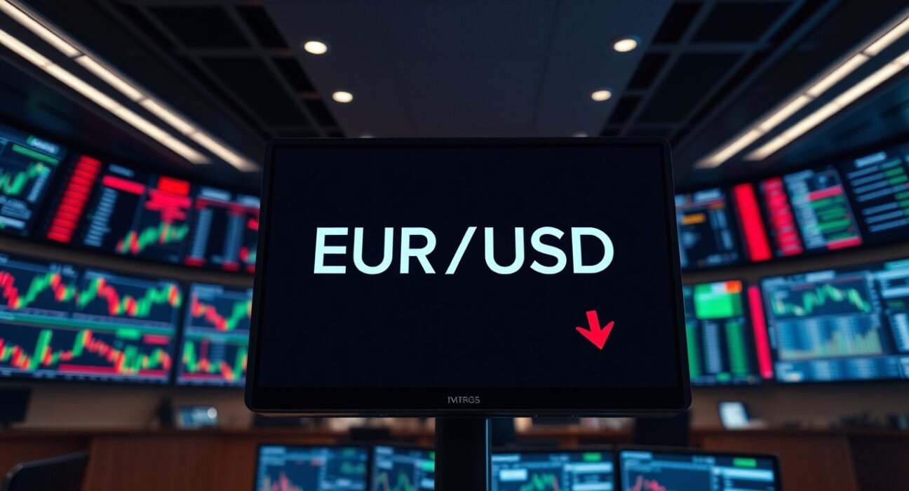 EUR/USD exchange rate displayed on a trading screen with a downward trend ahead of the Federal Reserve meeting.
