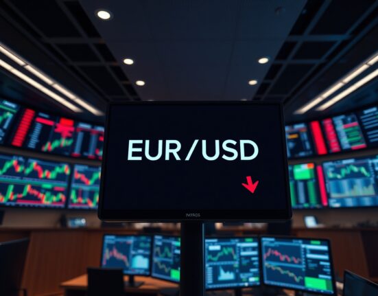 EUR/USD exchange rate displayed on a trading screen with a downward trend ahead of the Federal Reserve meeting.
