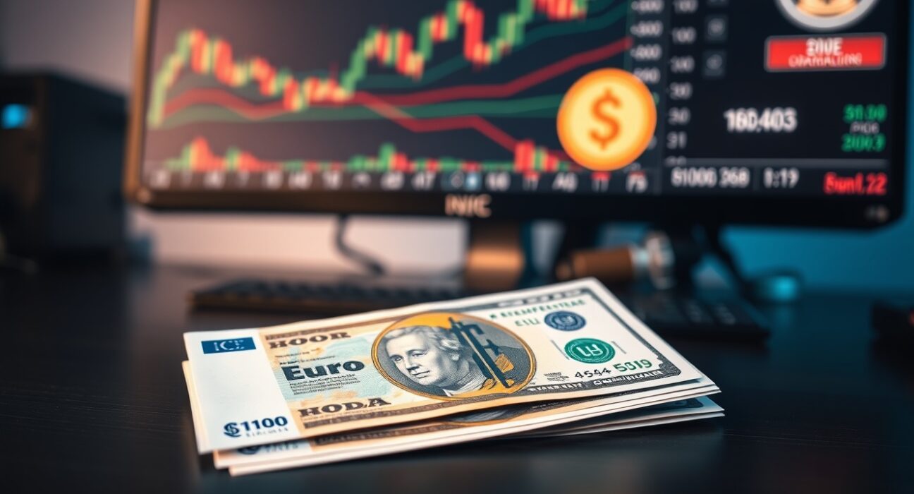 Euro and US Dollar banknotes on desk with financial charts in background representing currency market analysis