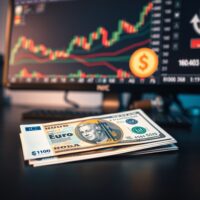 Euro and US Dollar banknotes on desk with financial charts in background representing currency market analysis