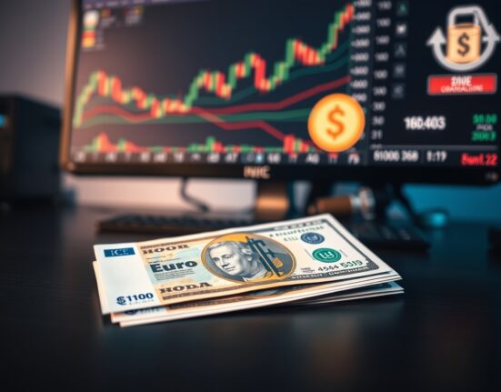 Euro and US Dollar banknotes on desk with financial charts in background representing currency market analysis
