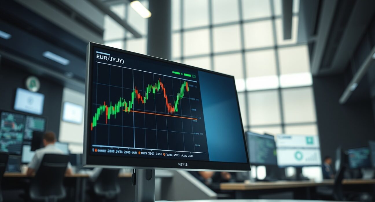 EUR/JPY forex chart showing price near 12-week high on a trading desk monitor
