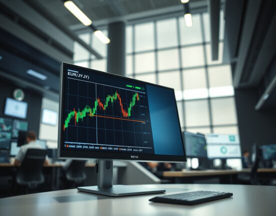 EUR/JPY forex chart showing price near 12-week high on a trading desk monitor
