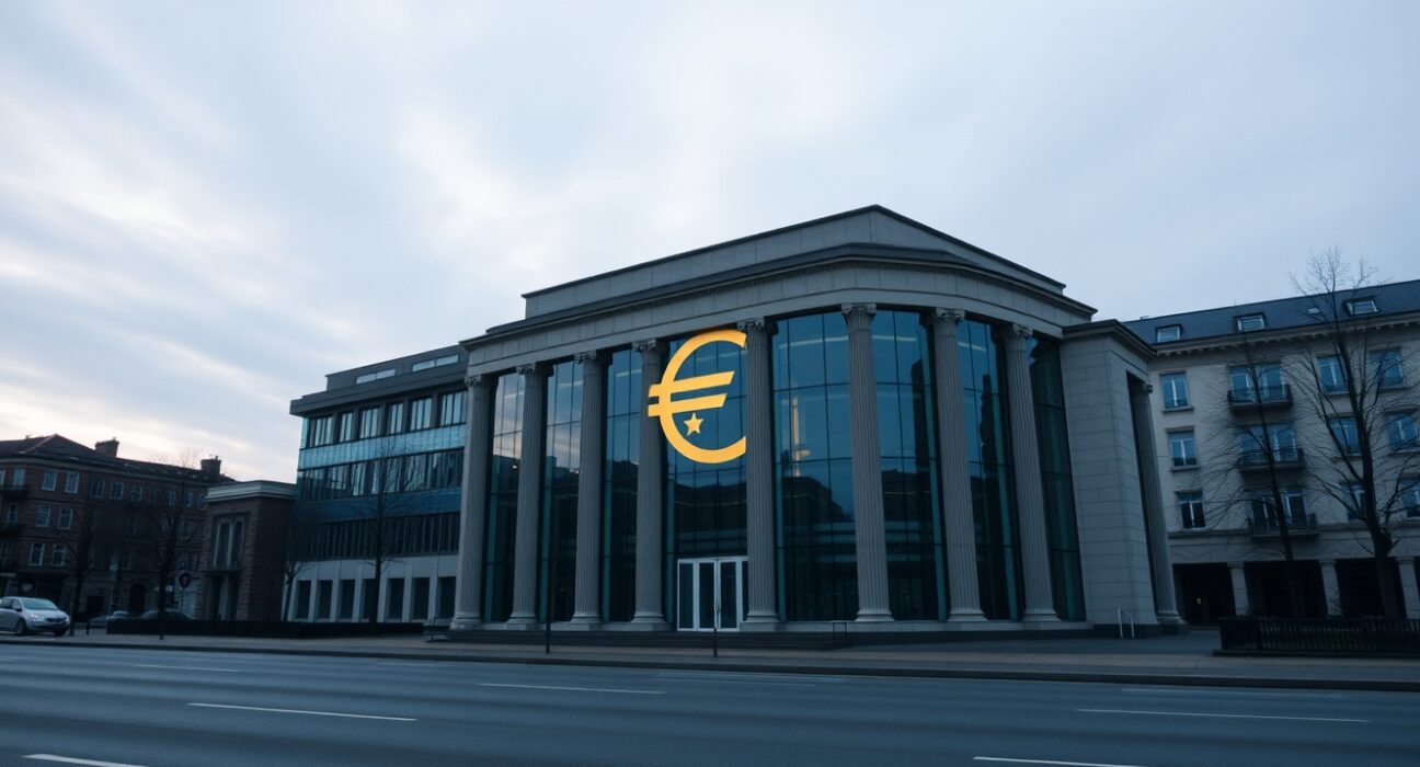 European Central Bank building in Frankfurt under overcast sky, reflecting euro symbol.