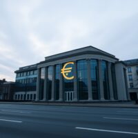 European Central Bank building in Frankfurt under overcast sky, reflecting euro symbol.