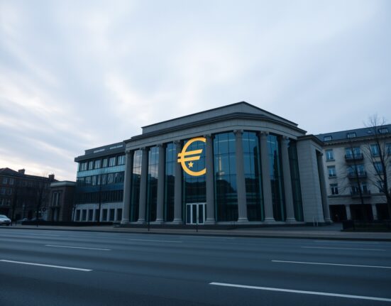 European Central Bank building in Frankfurt under overcast sky, reflecting euro symbol.