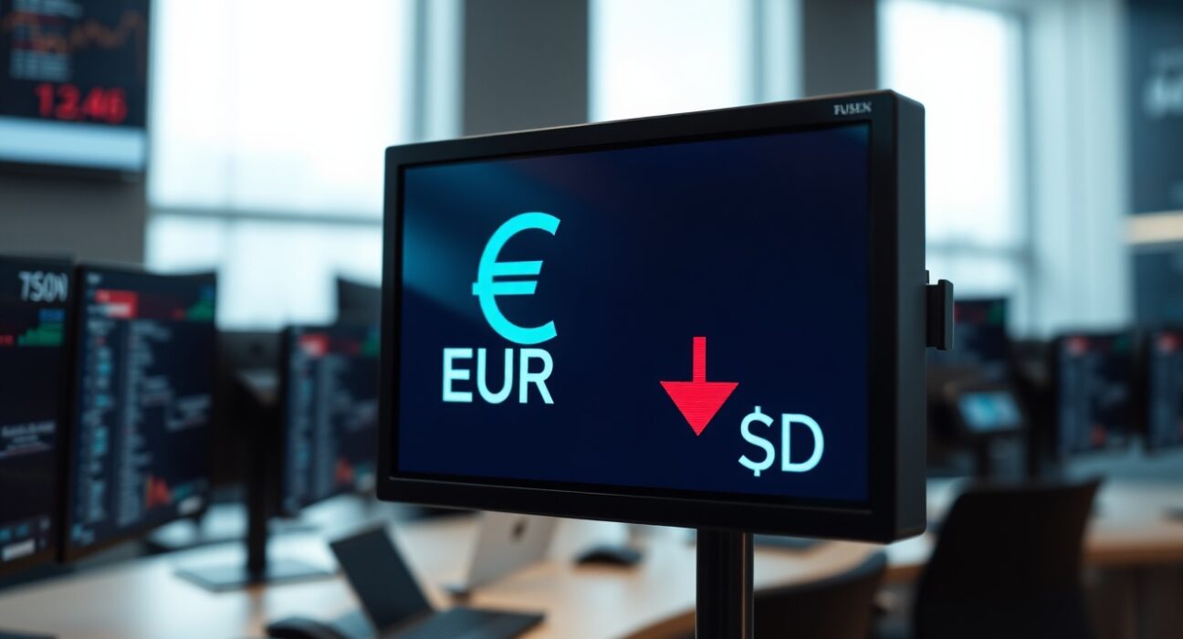 Euro exchange rate displayed on a digital trading screen with a downward trend.