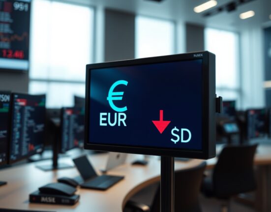 Euro exchange rate displayed on a digital trading screen with a downward trend.