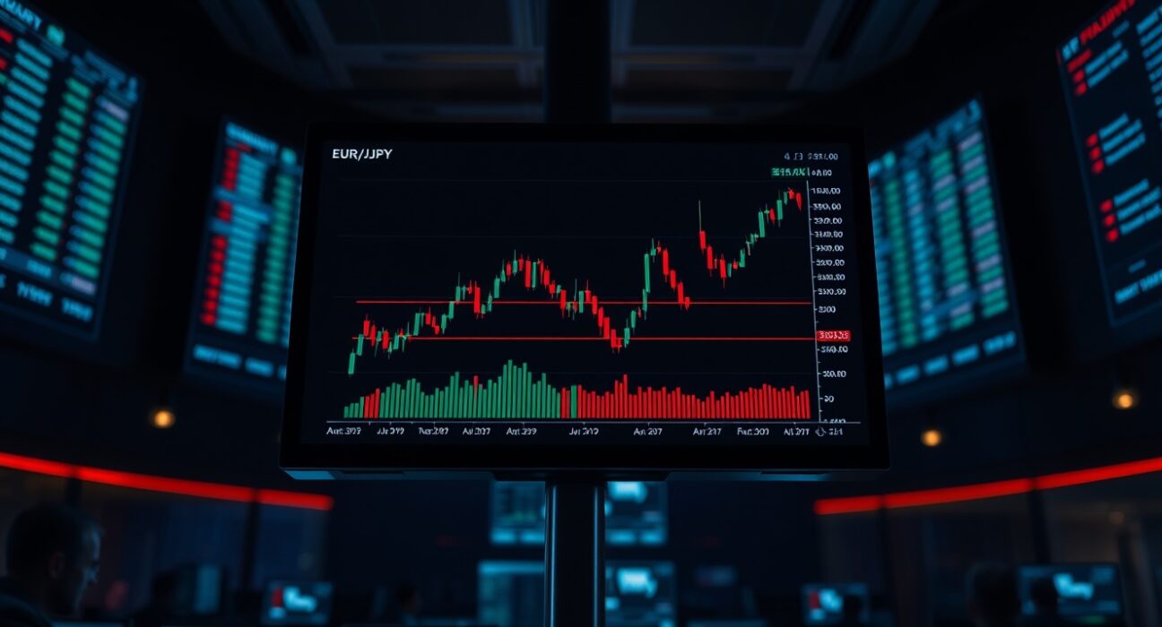 EUR/JPY forex chart showing upward trend near five-week high on a trading floor monitor