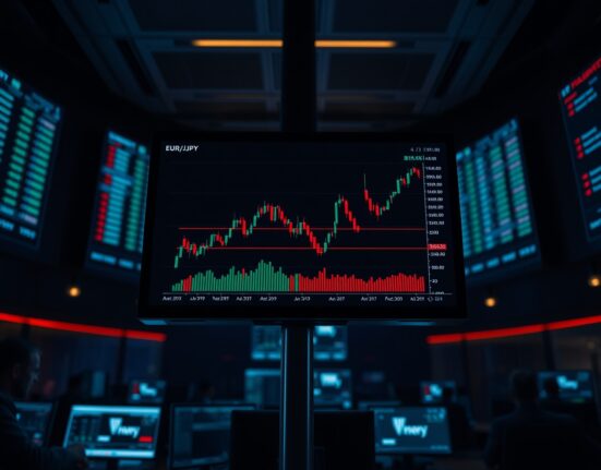 EUR/JPY forex chart showing upward trend near five-week high on a trading floor monitor