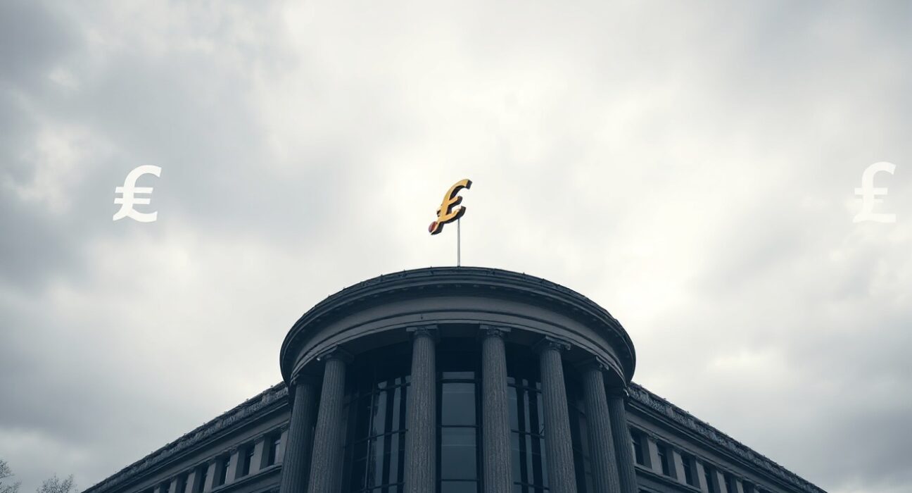 ECB headquarters in Frankfurt with euro and pound symbols representing EUR/GBP exchange rate