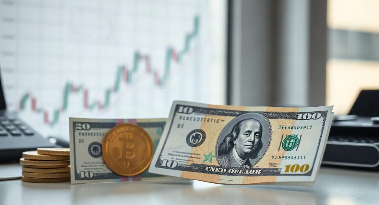 Euro and US Dollar banknotes on a desk with a blurred financial chart background