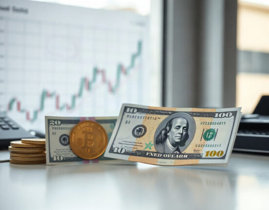 Euro and US Dollar banknotes on a desk with a blurred financial chart background