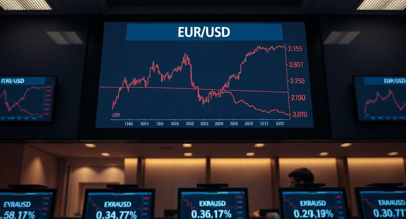 EUR/USD exchange rate displayed on a financial trading screen showing a downward trend
