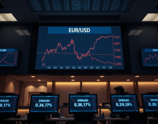 EUR/USD exchange rate displayed on a financial trading screen showing a downward trend