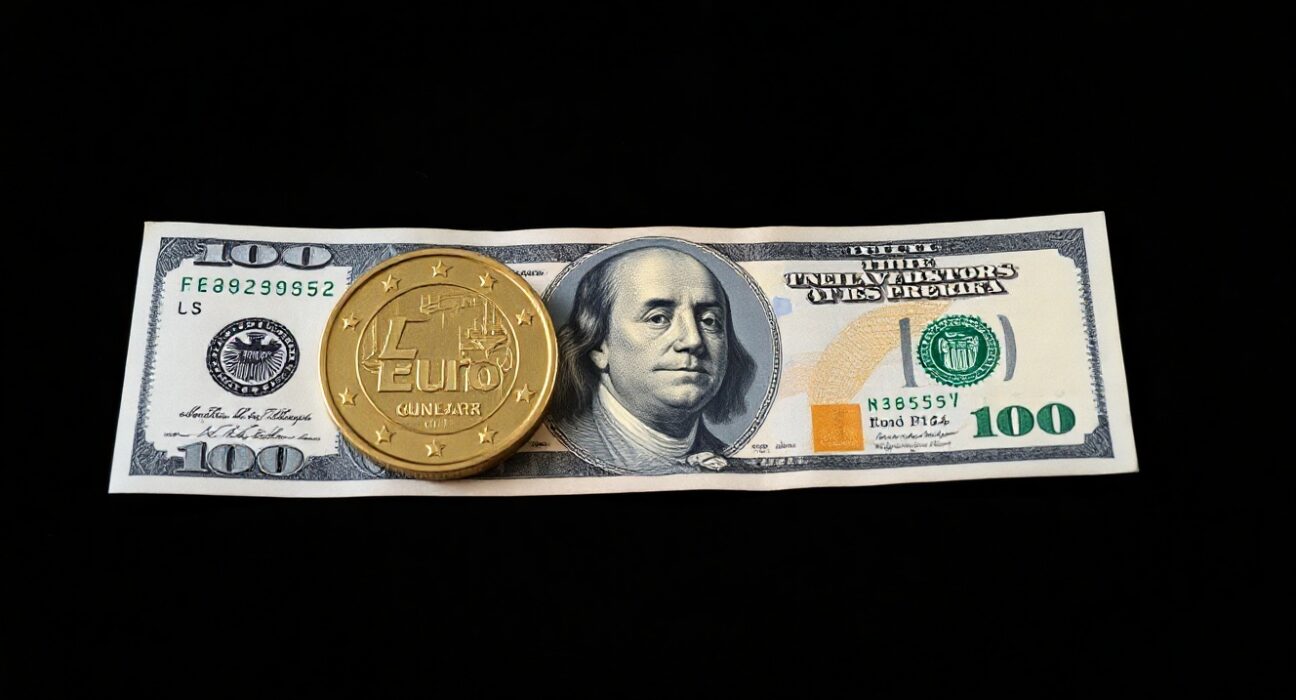 Euro coin and US dollar bill on a dark surface representing forex market focus on US CPI data