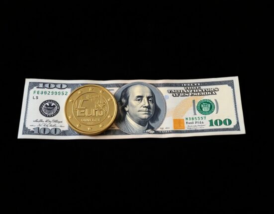 Euro coin and US dollar bill on a dark surface representing forex market focus on US CPI data