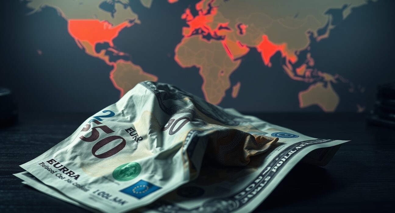 Close-up of Euro and US Dollar banknotes on dark surface with map background indicating geopolitical tension.