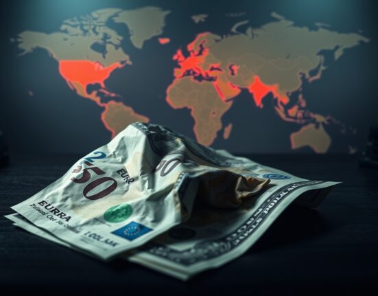 Close-up of Euro and US Dollar banknotes on dark surface with map background indicating geopolitical tension.