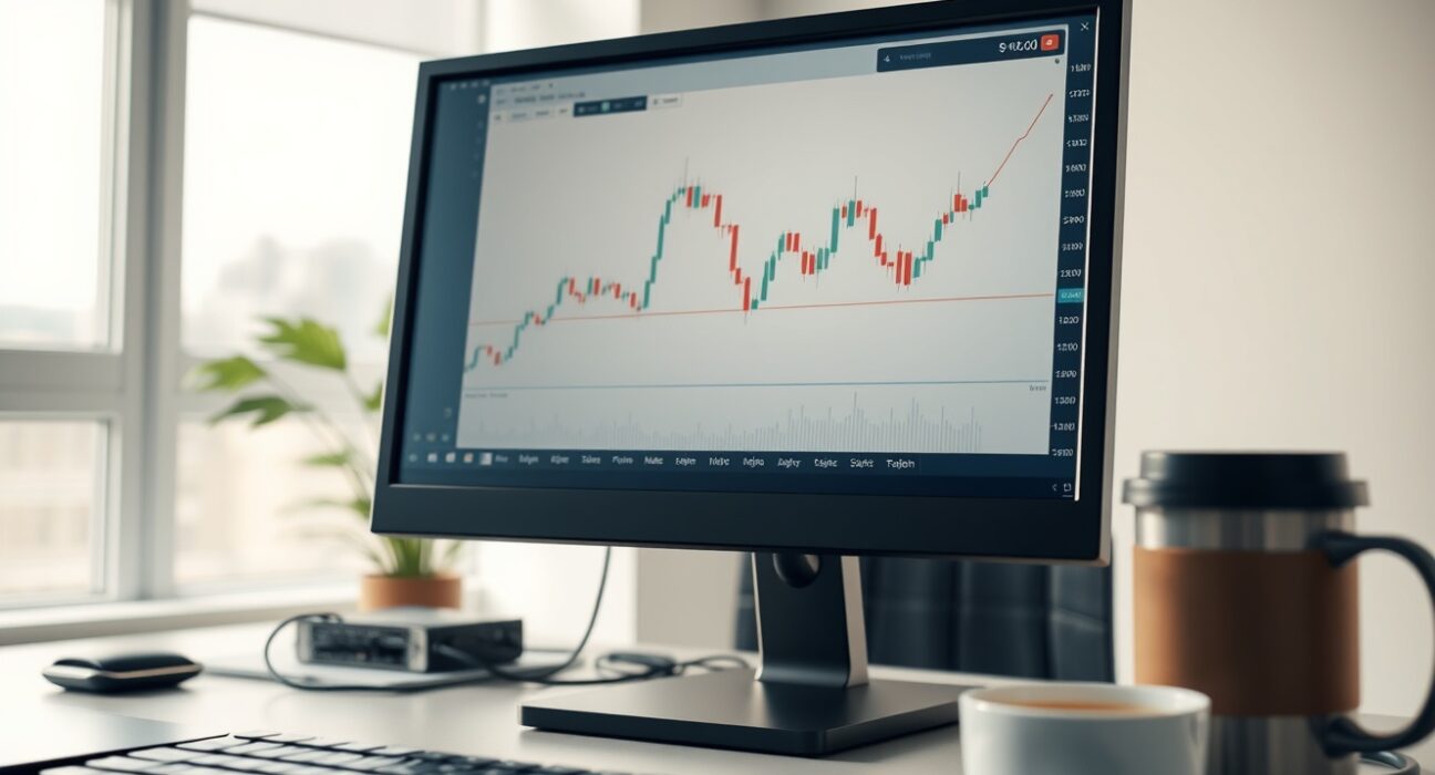 EUR/USD currency chart showing sideways consolidation on a trading monitor in a professional office setting.