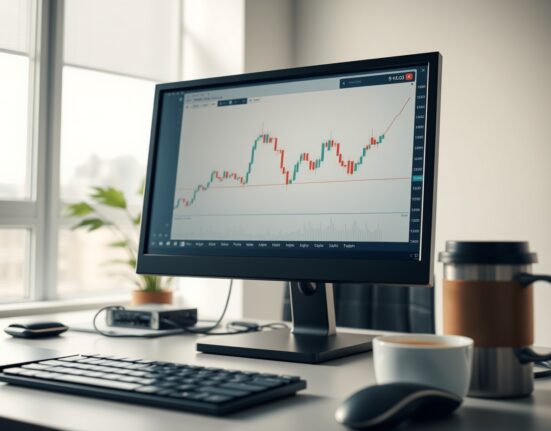 EUR/USD currency chart showing sideways consolidation on a trading monitor in a professional office setting.