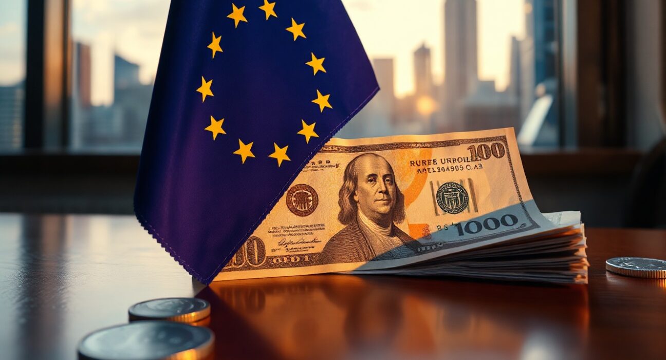 Euro and US dollar on a desk with a blurred city skyline background, representing currency exchange rate movements.