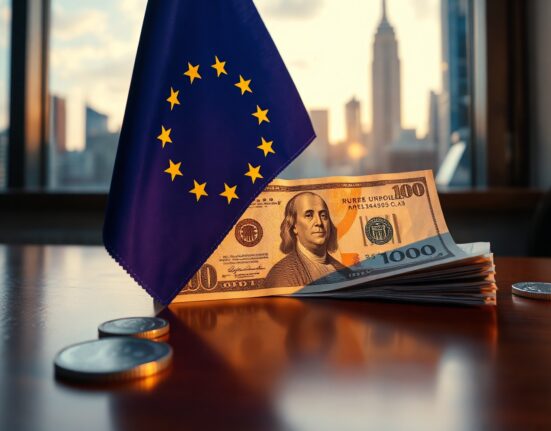 Euro and US dollar on a desk with a blurred city skyline background, representing currency exchange rate movements.