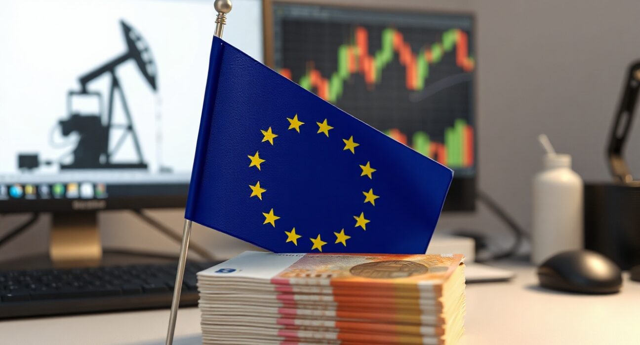 Euro banknotes and EU flag with oil price chart in background
