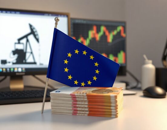 Euro banknotes and EU flag with oil price chart in background