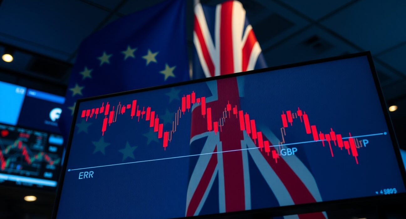 EUR/GBP chart showing decline on trading floor with European and British flags in background