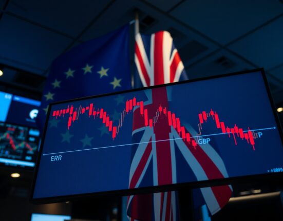 EUR/GBP chart showing decline on trading floor with European and British flags in background