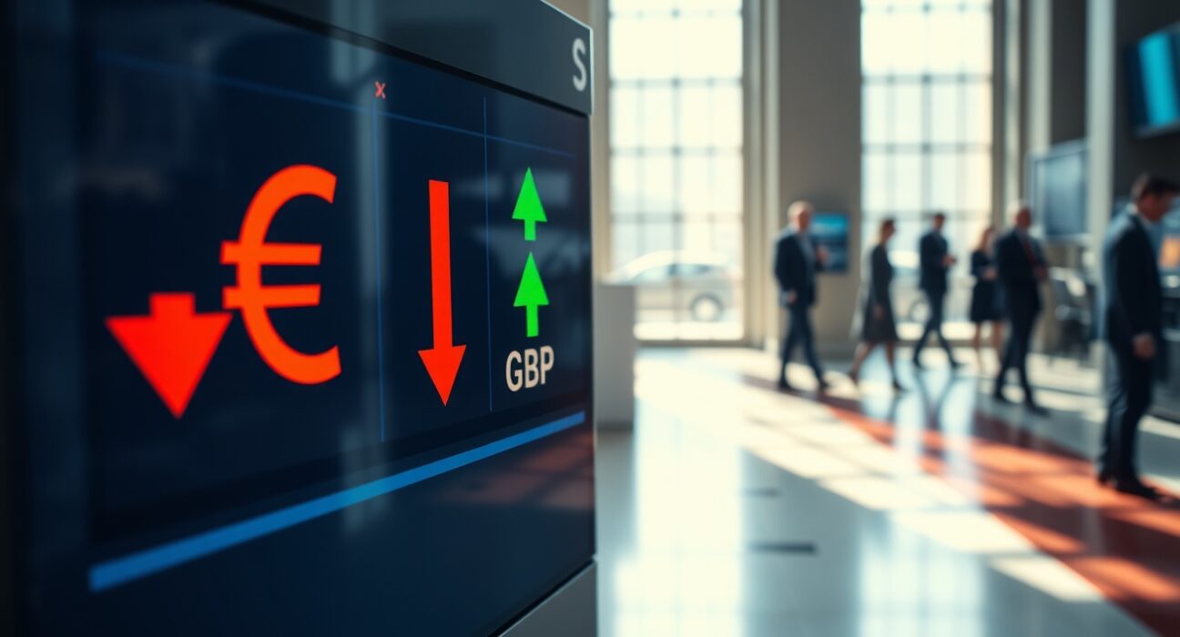 Currency exchange board showing euro falling against British pound in a financial district